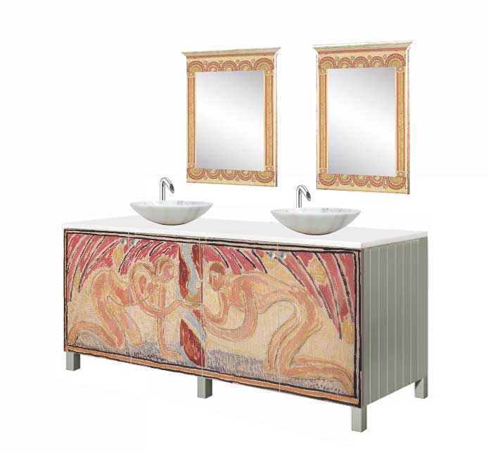 new Omega Workshops 'Adam & Eve' designs c.1913 by Vanessa Bell adapted to new bathroom 4 door vanity unit furniture designs & 2 Bloomsbury Group style wall mirrors,
